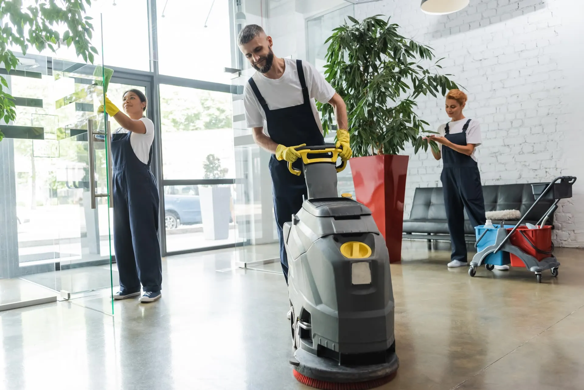 Floor scrubber on a polished office floor