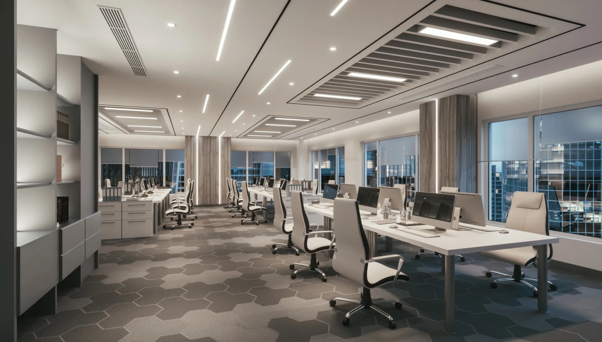 A clean, empty open-plan office after hours